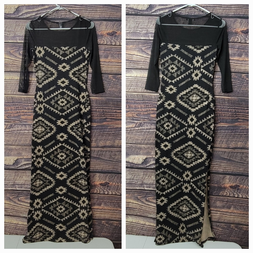 Small Maxi Dress. Black & Tan Aztec Print.